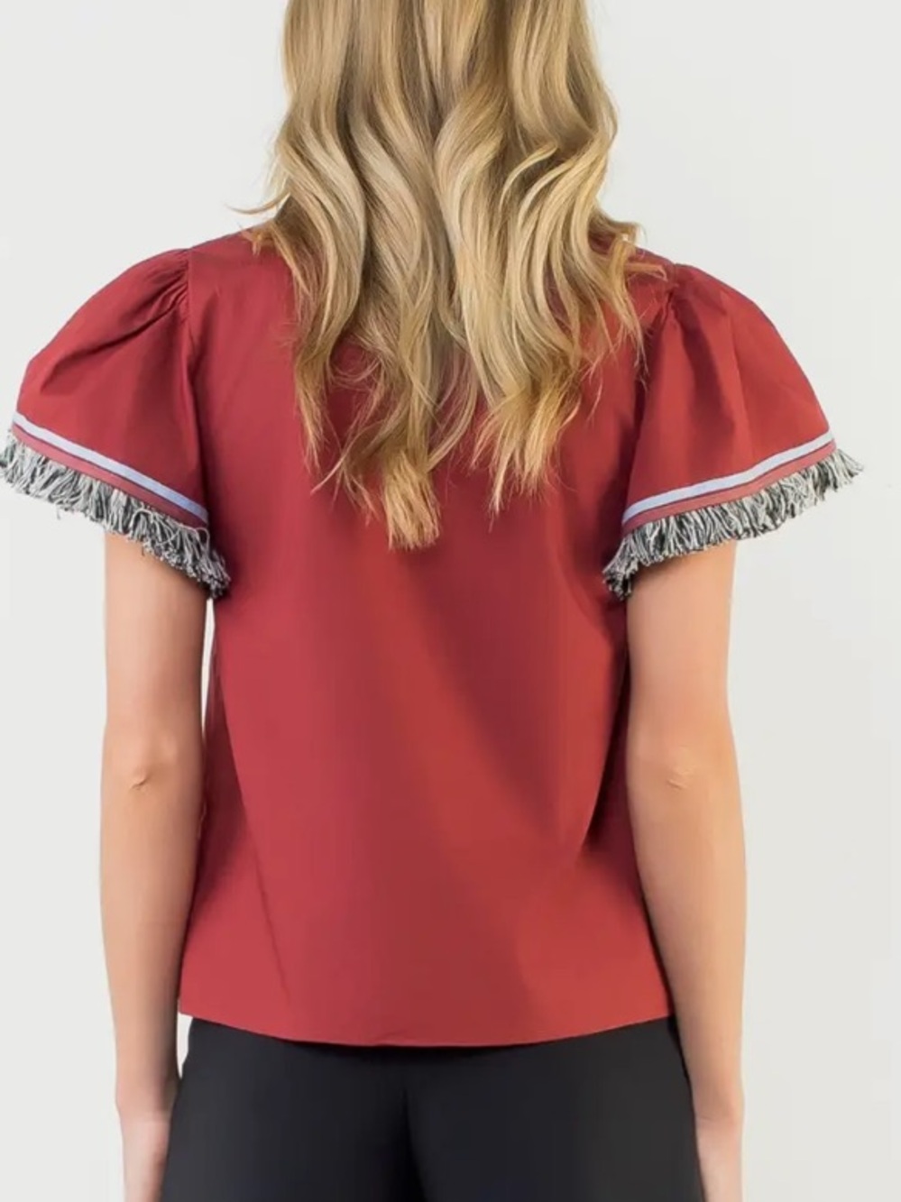 THML Brick Red Fringe Sleeve Short-Sleeve Blouse - Picture 4 of 8